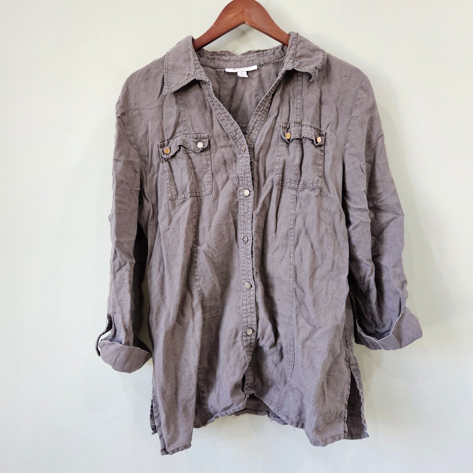 Jm Collection 100% Linen Button Down Shirt Size 14 Brown Casual Western Roll Tab